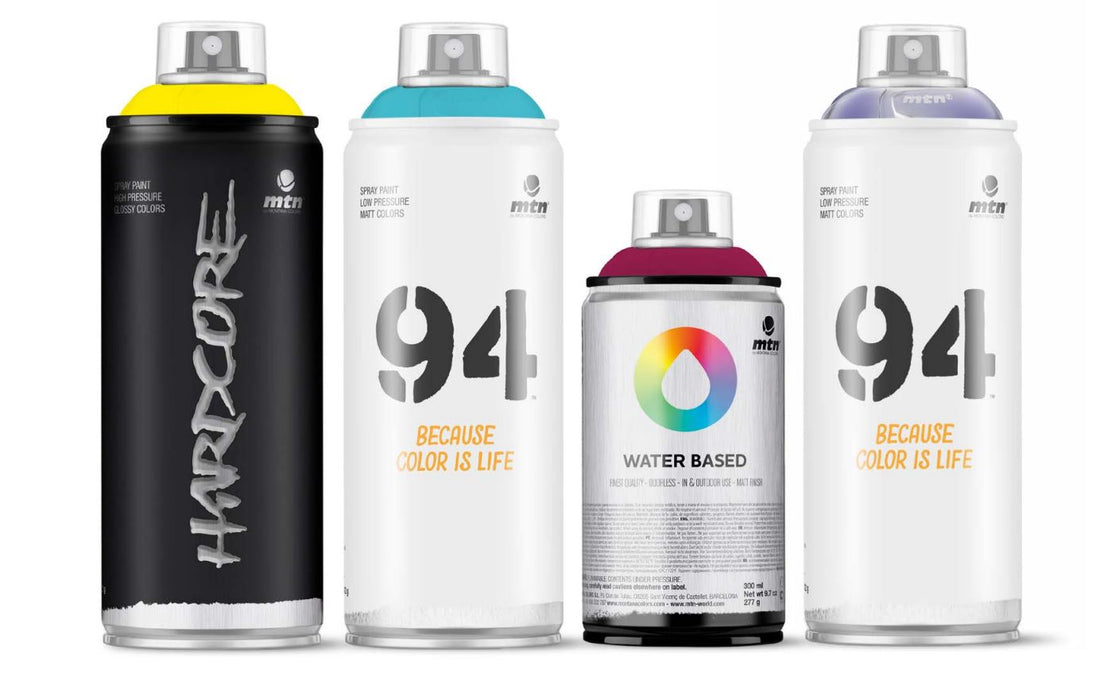 Line-up of MTN spray paints including Hardcore, 94, and Water Based – popular graffiti cans in high and low pressure formats.