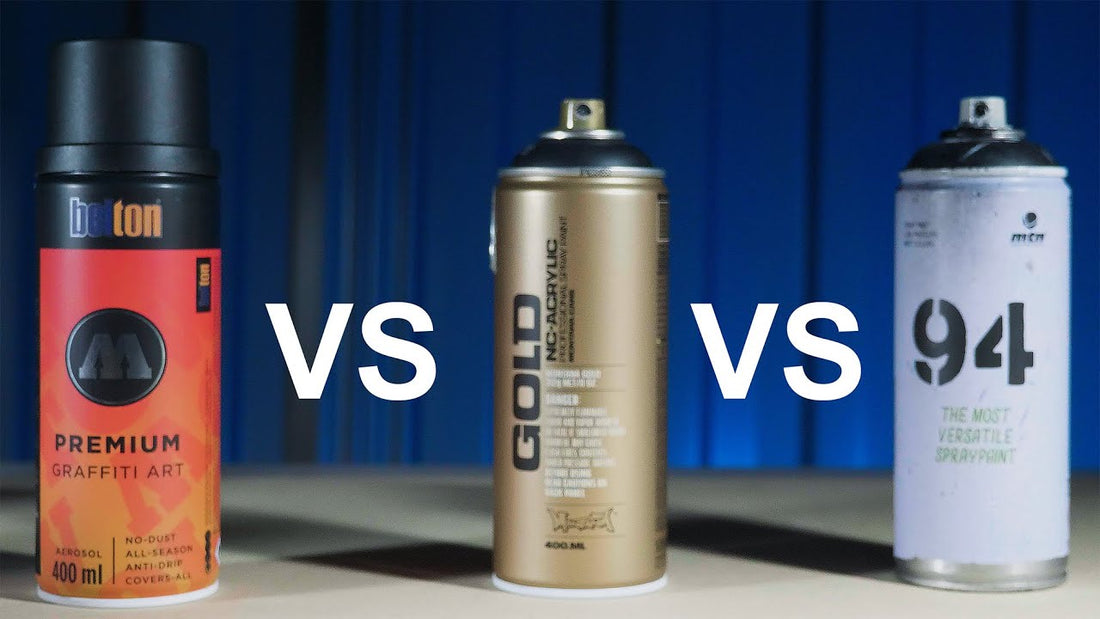 Comparison of Belton Premium, Montana Gold, and MTN 94 spray paint cans – graffiti paint brands side by side for review.