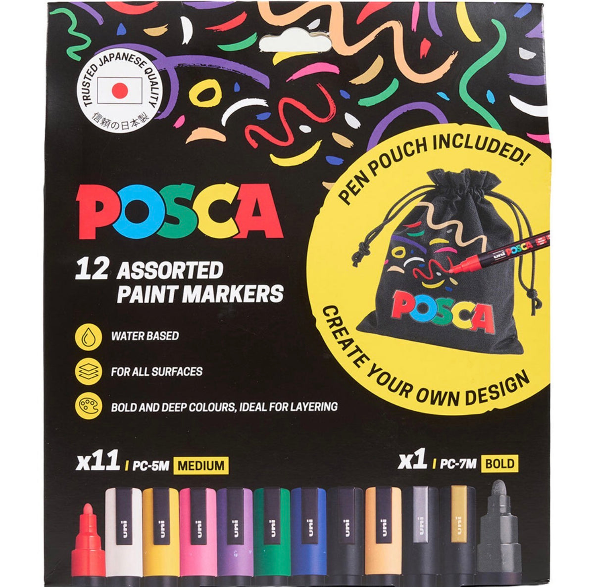 Pack of 12 Posca medium tip marker pens with pouch