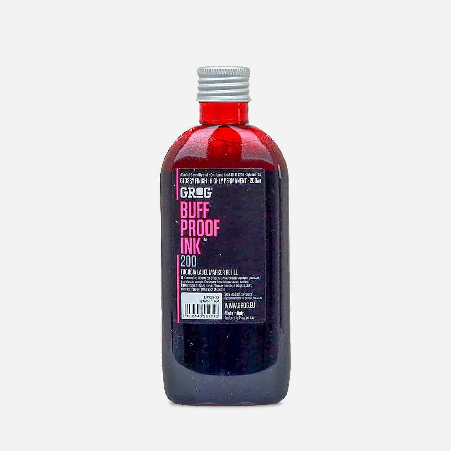Bottle of Grog Splatter Red Buff Proof Ink with visible label on a white background