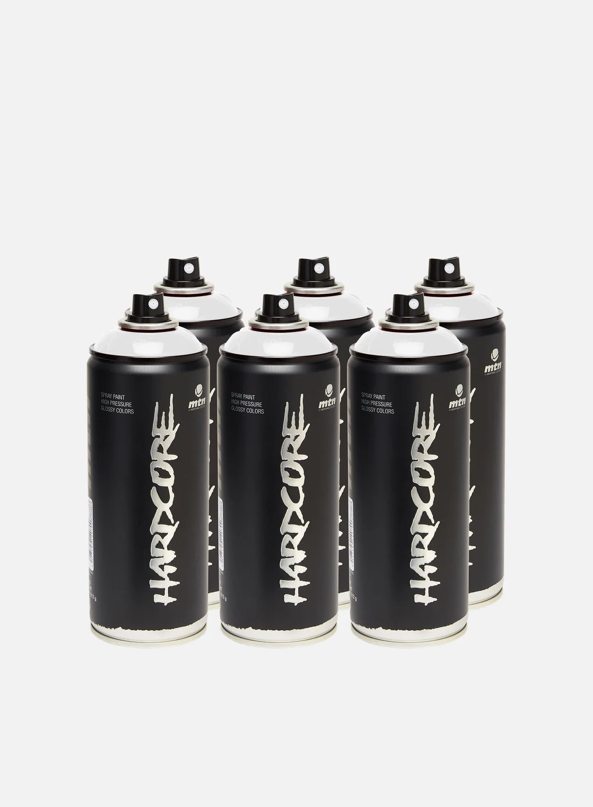 Set of six pack MTN Hardcore high pressure white spray paint cans (400ml)