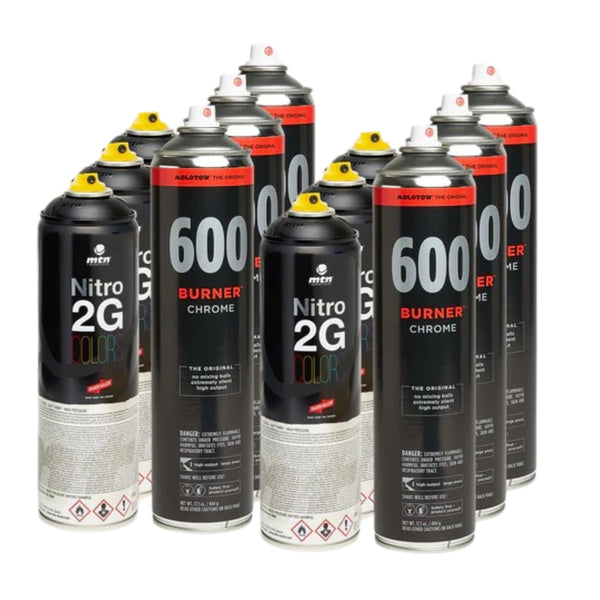 12-Pack Graffiti Spray Paint Bundle – Molotow Burner Chrome 600ml & MTN Nitro 2G 500ml