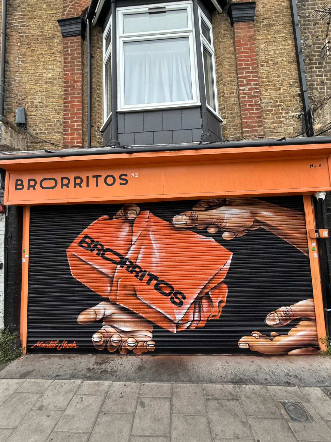 Hand-painted Brobritos shop shutter at Brockley Cross, London, by Paintbox Graffiti