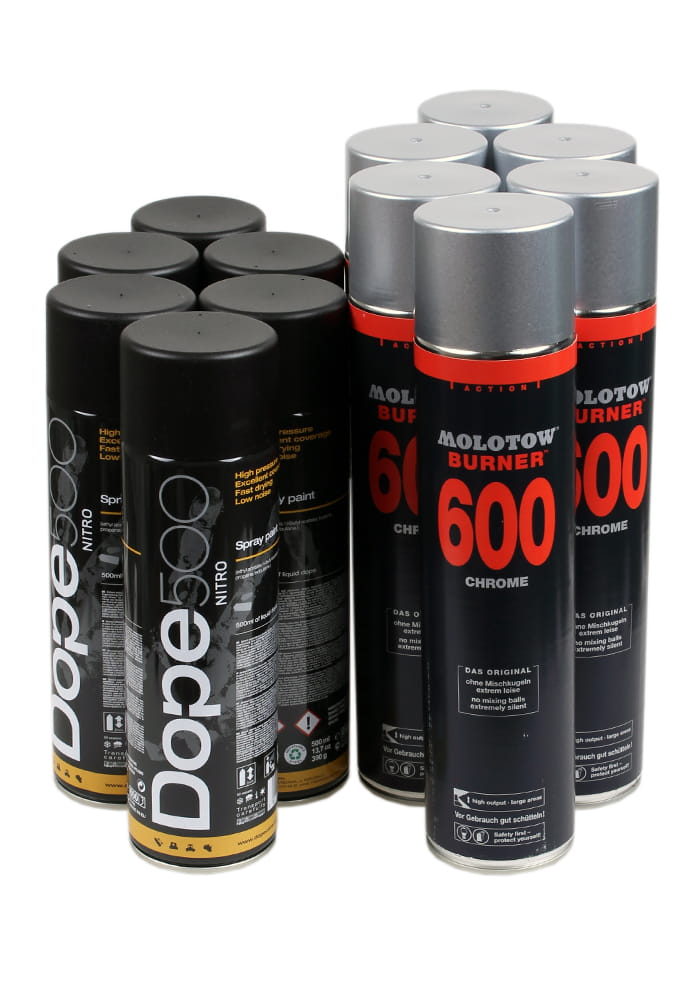 12 cans of Dope nitro 500 and Molotow Burner 600ml Chrome spray paint
