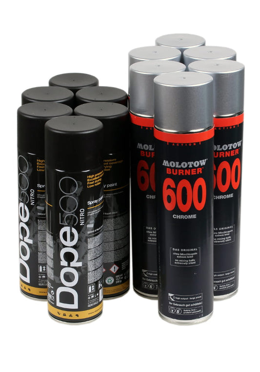 12 cans of Dope nitro 500 and Molotow Burner 600ml Chrome spray paint