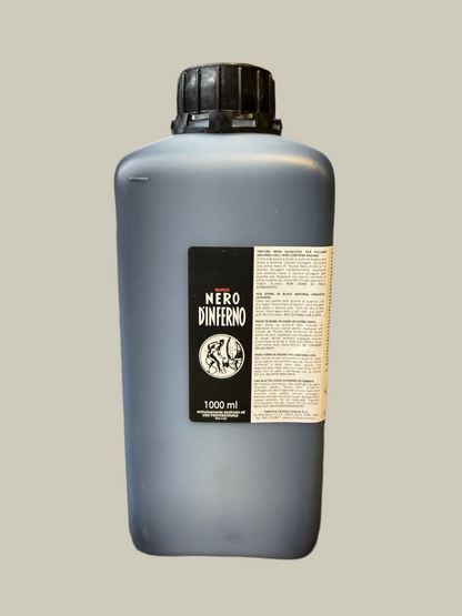 Bottle of Nero Inferno ink with a label on a gray background
