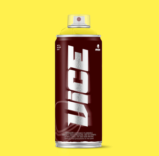 MTN VICE Amarillo Travis 400ml spray paint can – Travis Yellow graffiti paint with VICE branding on a yellow background