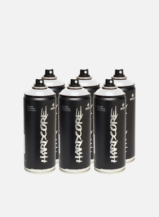 Set of six pack MTN Hardcore high pressure white spray paint cans (400ml)