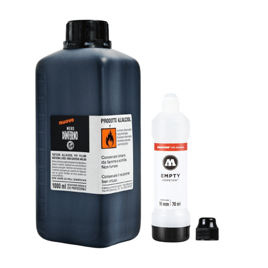 Large black bottle with a smaller white bottle labeled 'EMPTY' on a white background