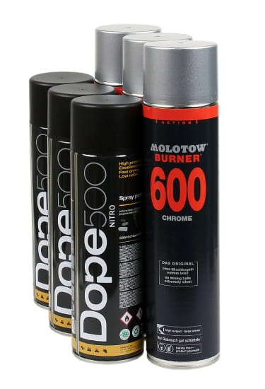 starter pack of spray paint cans including Dope Nitro 500 and Molotow Burner Chrome 600ml 